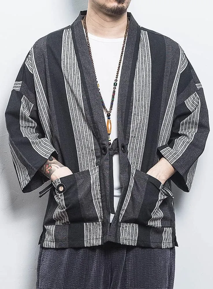 Hotmiss Mens Kimono Hipster Plaid Patchwork Linen Cloak Open Front Cardigan Jackets