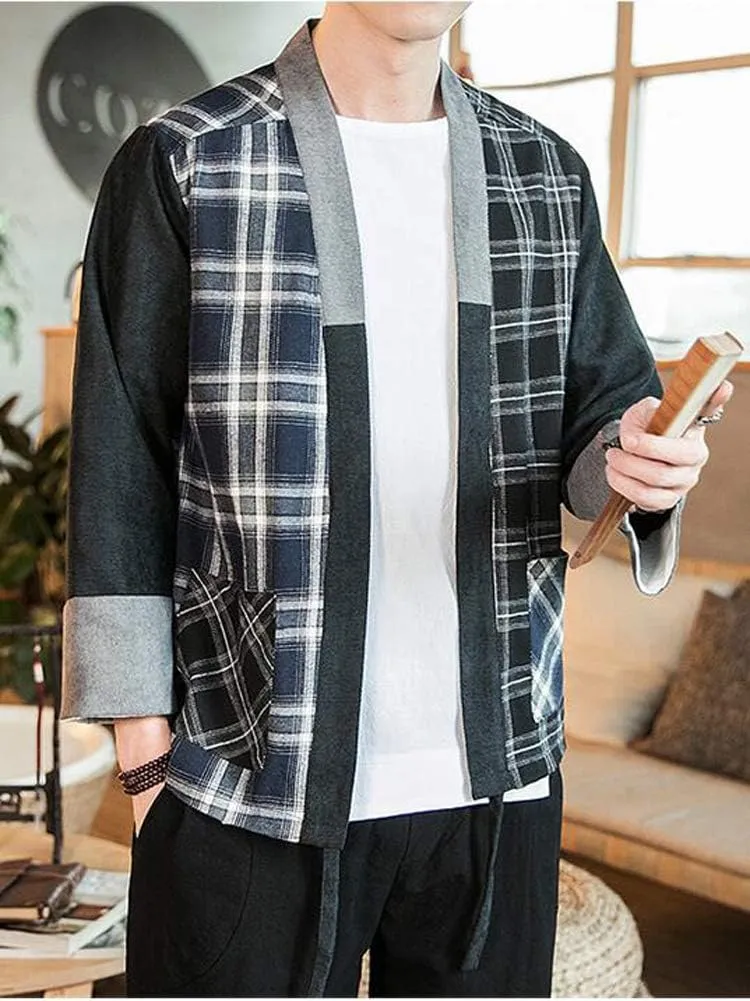 Hotmiss Mens Kimono Hipster Plaid Patchwork Linen Cloak Open Front Cardigan Jackets