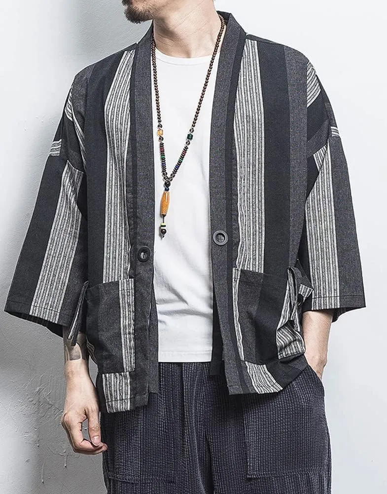 Hotmiss Mens Kimono Hipster Plaid Patchwork Linen Cloak Open Front Cardigan Jackets