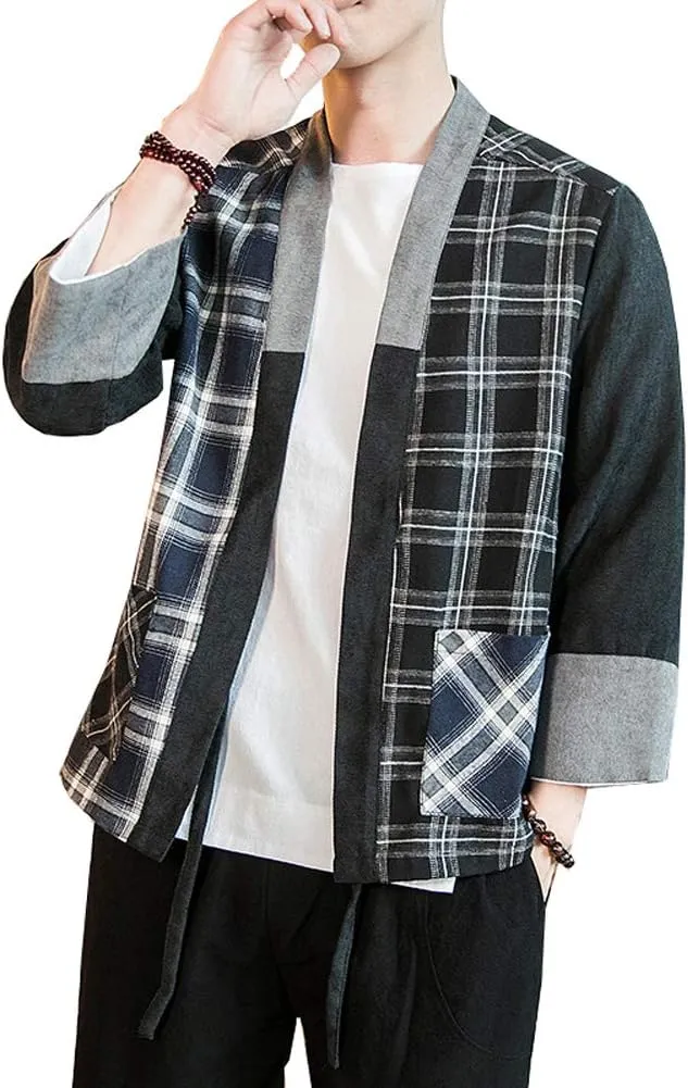 Hotmiss Mens Kimono Hipster Plaid Patchwork Linen Cloak Open Front Cardigan Jackets