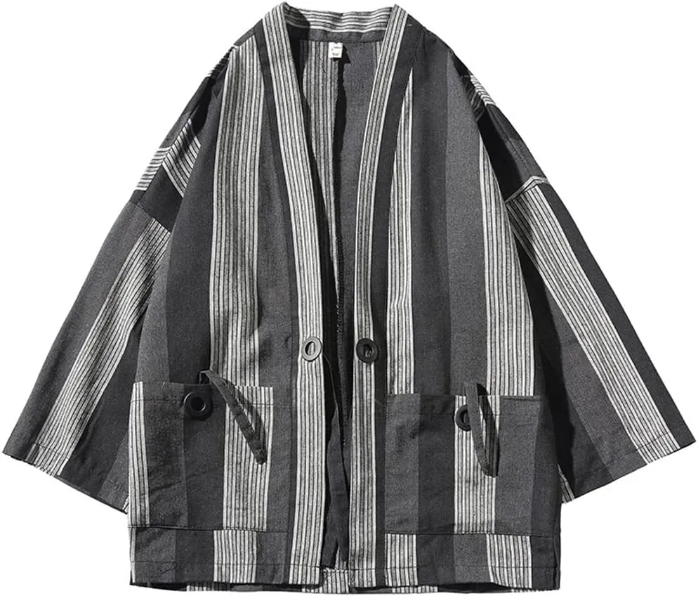 Hotmiss Mens Kimono Hipster Plaid Patchwork Linen Cloak Open Front Cardigan Jackets