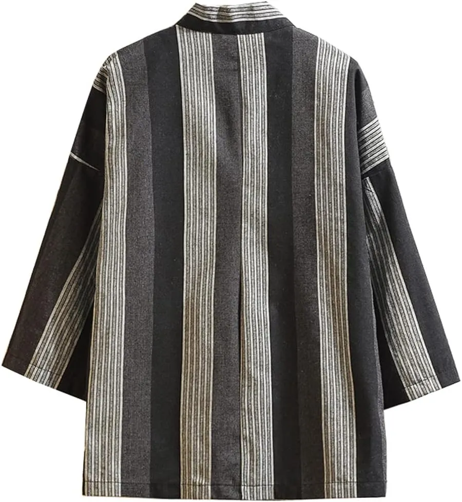 Hotmiss Mens Kimono Hipster Plaid Patchwork Linen Cloak Open Front Cardigan Jackets