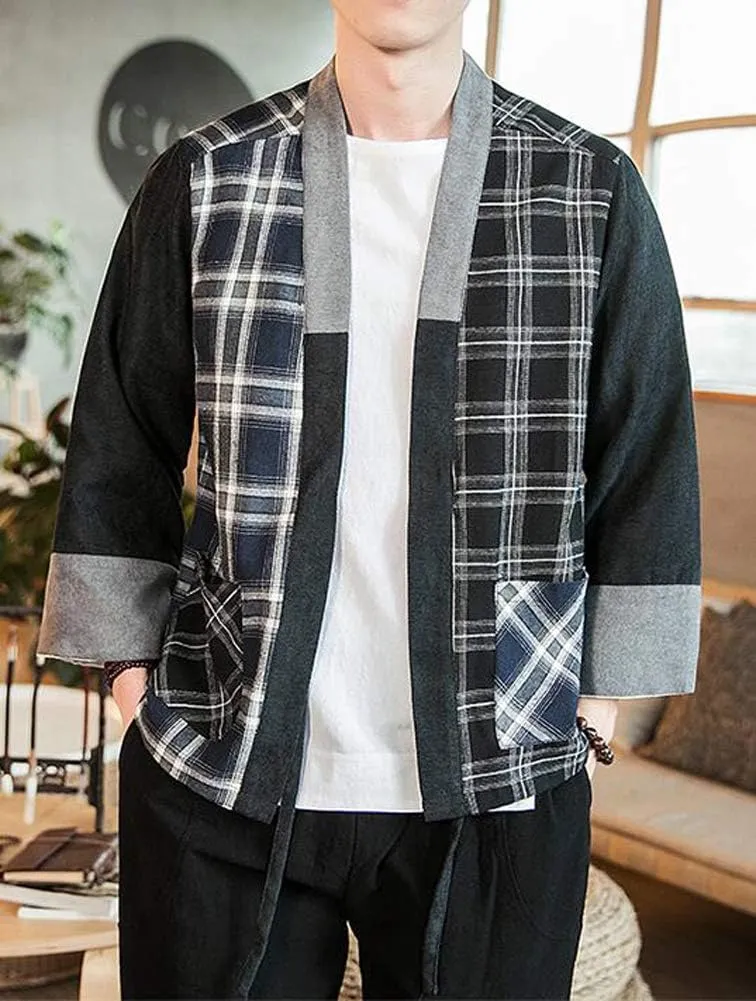Hotmiss Mens Kimono Hipster Plaid Patchwork Linen Cloak Open Front Cardigan Jackets