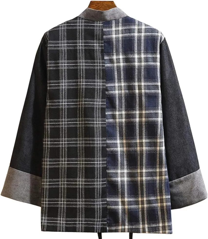 Hotmiss Mens Kimono Hipster Plaid Patchwork Linen Cloak Open Front Cardigan Jackets