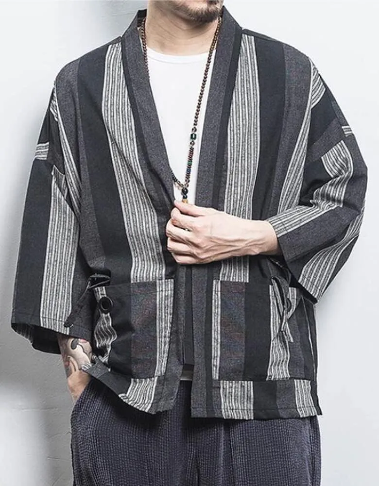 Hotmiss Mens Kimono Hipster Plaid Patchwork Linen Cloak Open Front Cardigan Jackets