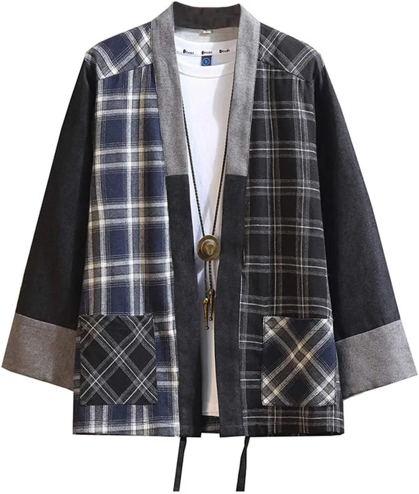 Hotmiss Mens Kimono Hipster Plaid Patchwork Linen Cloak Open Front Cardigan Jackets