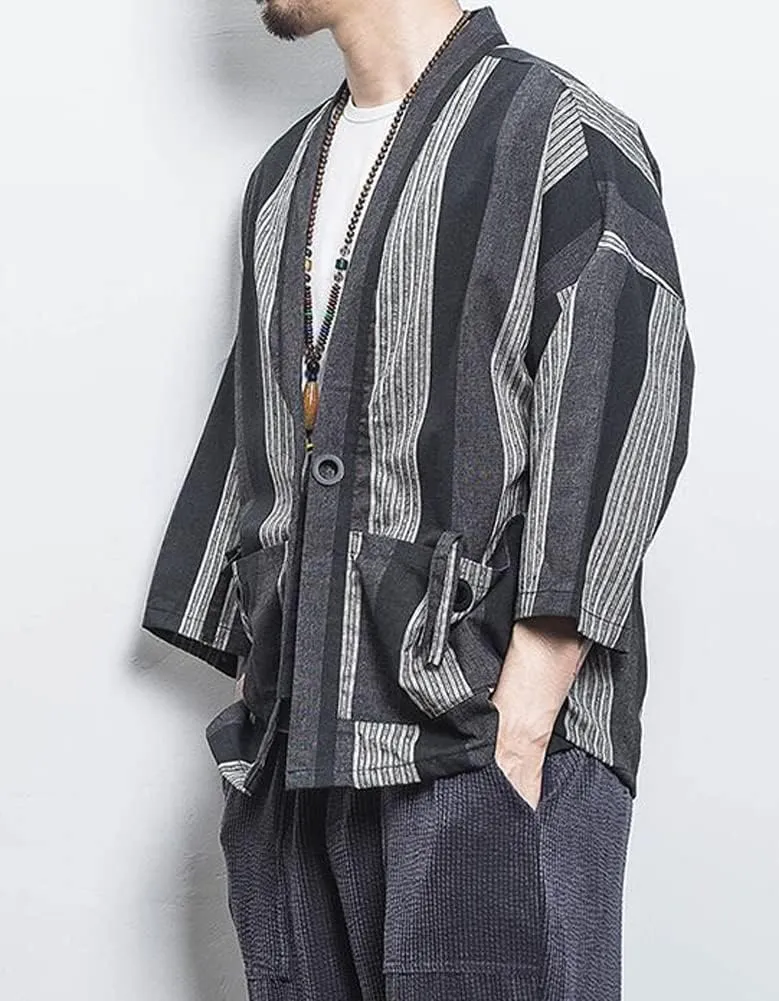 Hotmiss Mens Kimono Hipster Plaid Patchwork Linen Cloak Open Front Cardigan Jackets