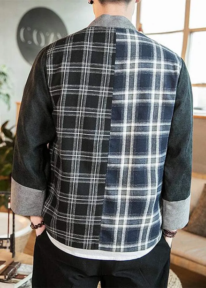 Hotmiss Mens Kimono Hipster Plaid Patchwork Linen Cloak Open Front Cardigan Jackets