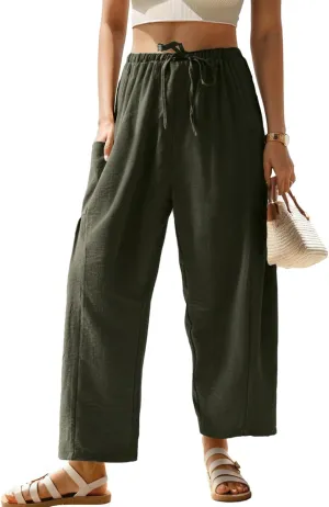HWOKEFEIYU Women Wide Leg Pants Summer Casual Low Waist Loose Drawstring Harem Pants Beach Palazzo with Pockets