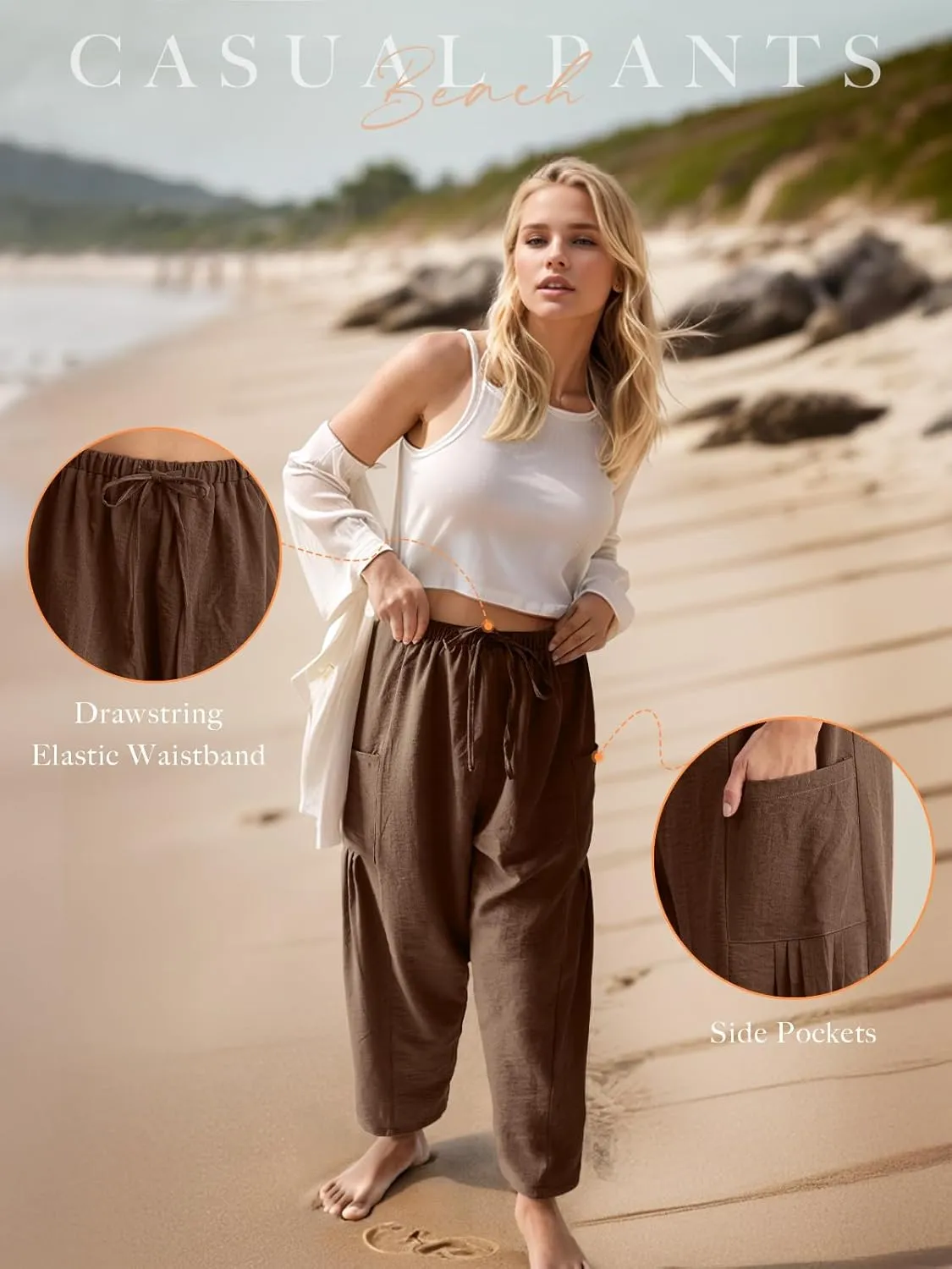 HWOKEFEIYU Women Wide Leg Pants Summer Casual Low Waist Loose Drawstring Harem Pants Beach Palazzo with Pockets