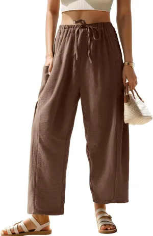 HWOKEFEIYU Women Wide Leg Pants Summer Casual Low Waist Loose Drawstring Harem Pants Beach Palazzo with Pockets