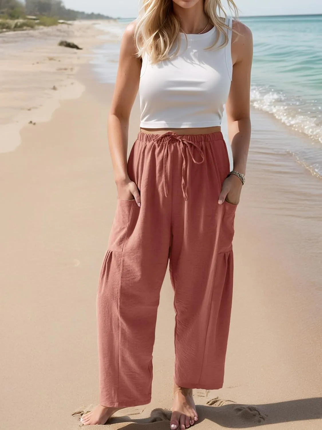 HWOKEFEIYU Women Wide Leg Pants Summer Casual Low Waist Loose Drawstring Harem Pants Beach Palazzo with Pockets
