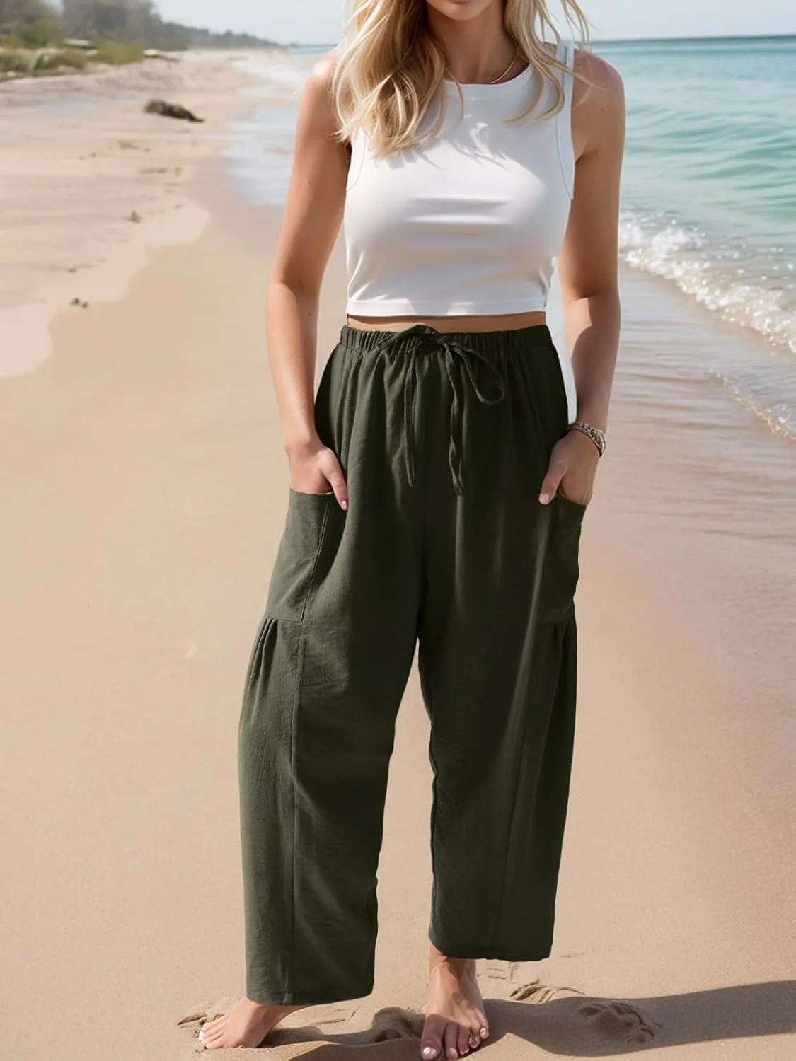 HWOKEFEIYU Women Wide Leg Pants Summer Casual Low Waist Loose Drawstring Harem Pants Beach Palazzo with Pockets
