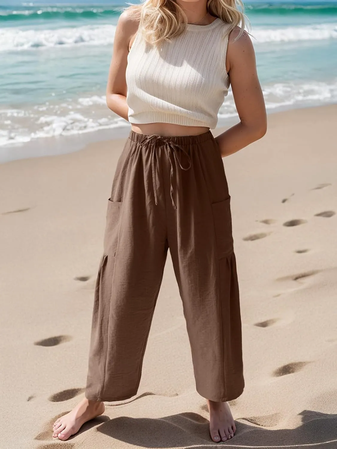HWOKEFEIYU Women Wide Leg Pants Summer Casual Low Waist Loose Drawstring Harem Pants Beach Palazzo with Pockets