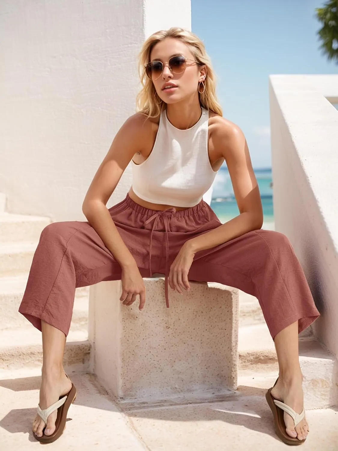 HWOKEFEIYU Women Wide Leg Pants Summer Casual Low Waist Loose Drawstring Harem Pants Beach Palazzo with Pockets