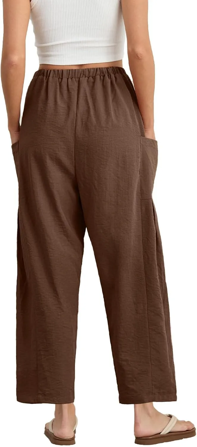 HWOKEFEIYU Women Wide Leg Pants Summer Casual Low Waist Loose Drawstring Harem Pants Beach Palazzo with Pockets
