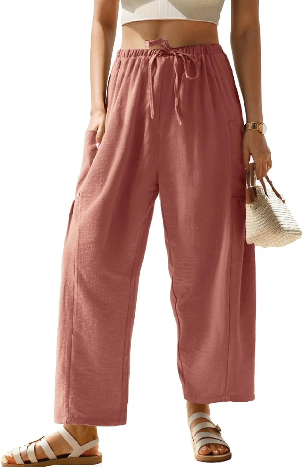 HWOKEFEIYU Women Wide Leg Pants Summer Casual Low Waist Loose Drawstring Harem Pants Beach Palazzo with Pockets
