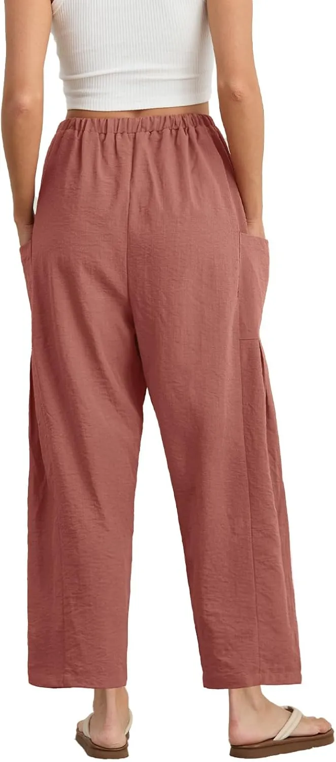 HWOKEFEIYU Women Wide Leg Pants Summer Casual Low Waist Loose Drawstring Harem Pants Beach Palazzo with Pockets