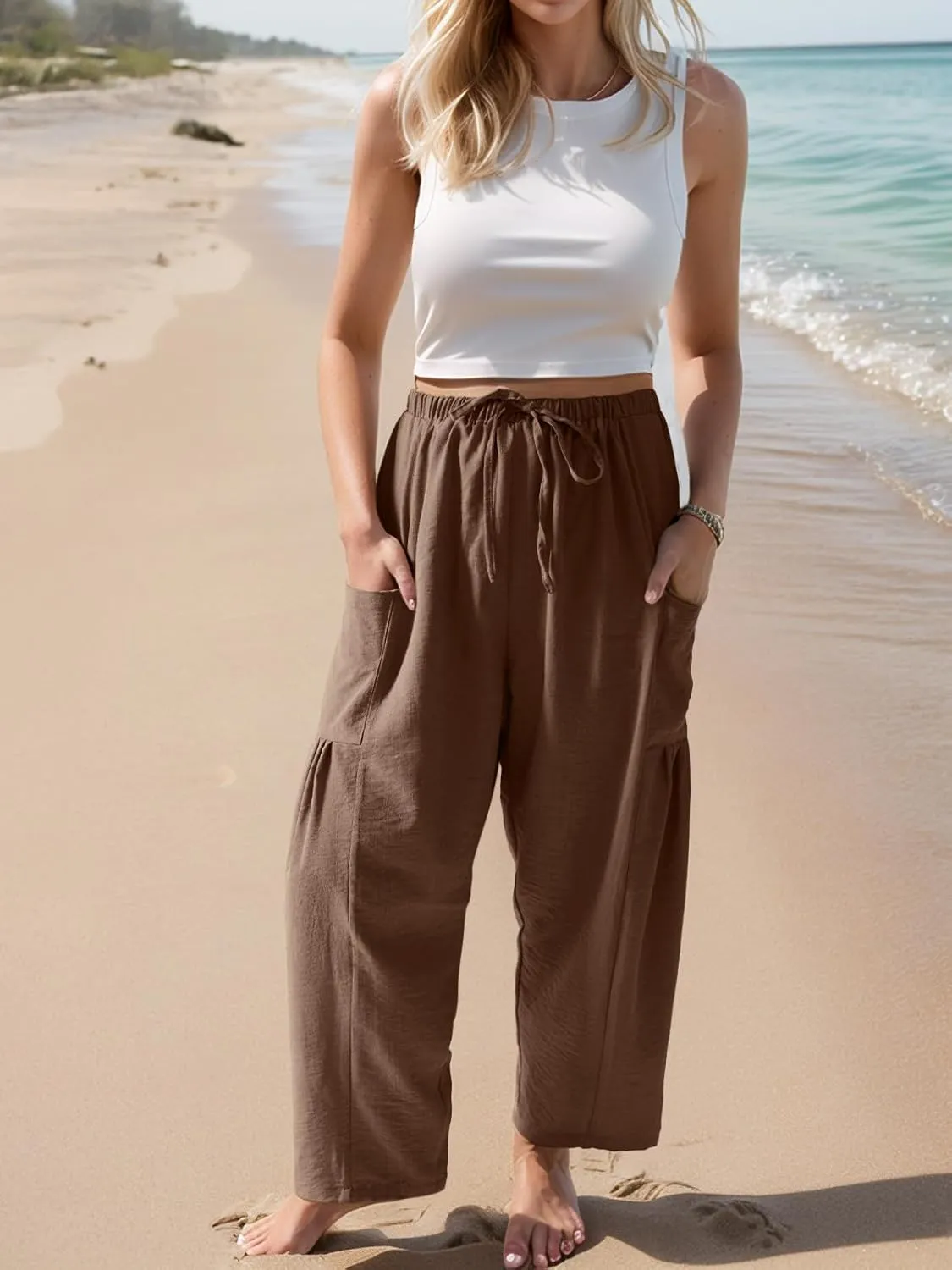 HWOKEFEIYU Women Wide Leg Pants Summer Casual Low Waist Loose Drawstring Harem Pants Beach Palazzo with Pockets