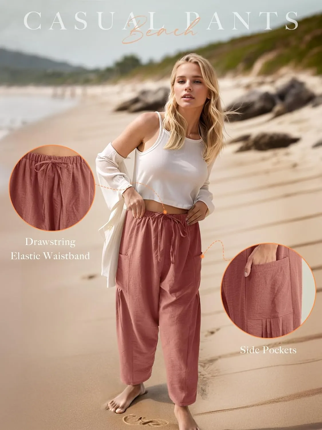 HWOKEFEIYU Women Wide Leg Pants Summer Casual Low Waist Loose Drawstring Harem Pants Beach Palazzo with Pockets