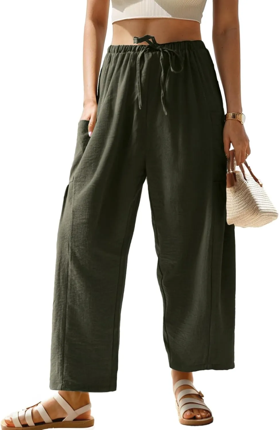 HWOKEFEIYU Women Wide Leg Pants Summer Casual Low Waist Loose Drawstring Harem Pants Beach Palazzo with Pockets