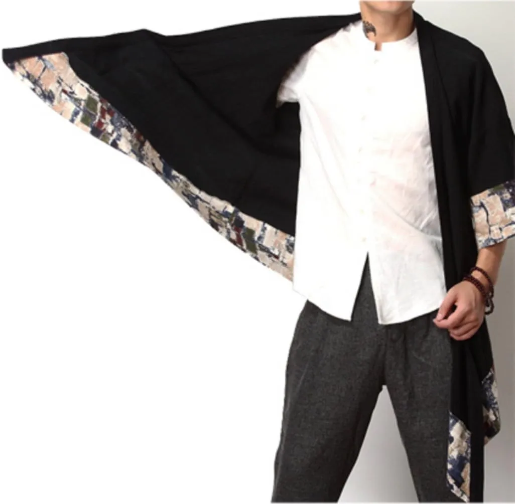 HZCX FASHION Men's Cotton Linen Long Kimono Jackets Open Front Cardigan Cloak