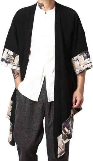 HZCX FASHION Men's Cotton Linen Long Kimono Jackets Open Front Cardigan Cloak