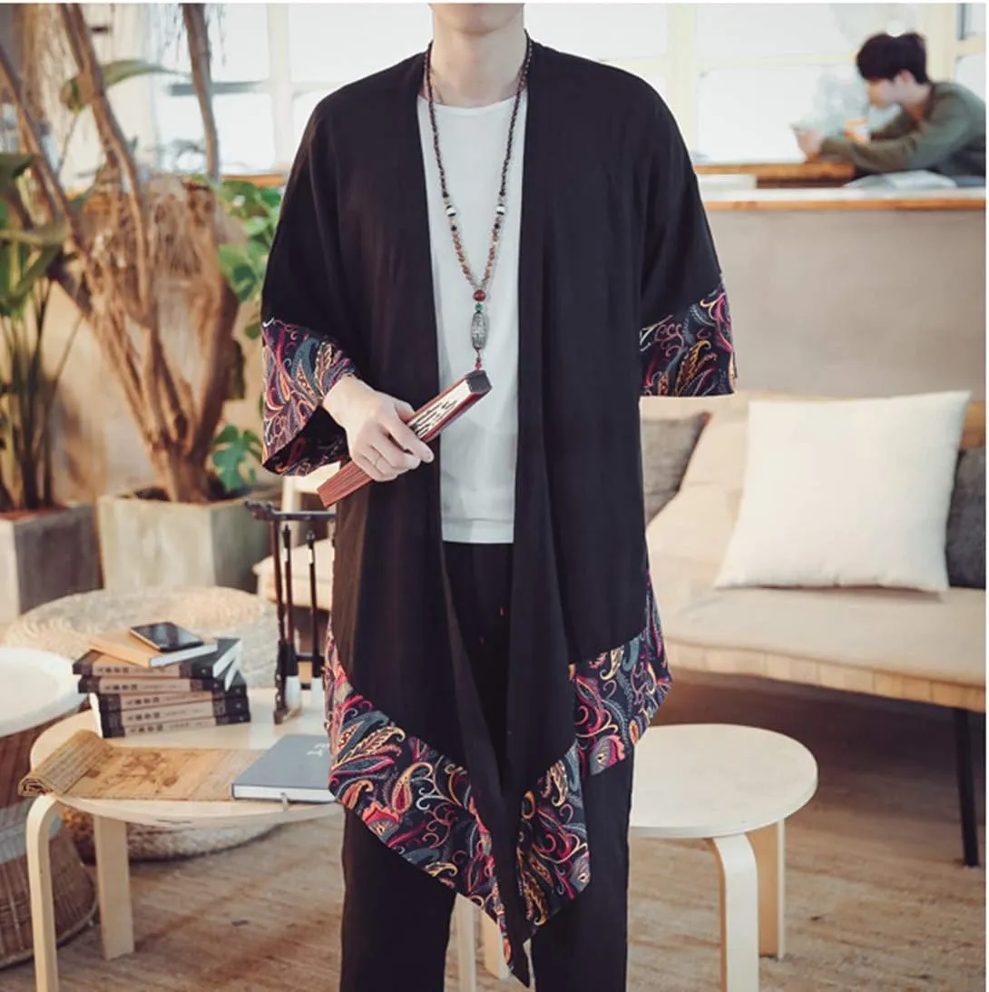 HZCX FASHION Men's Cotton Linen Long Kimono Jackets Open Front Cardigan Cloak
