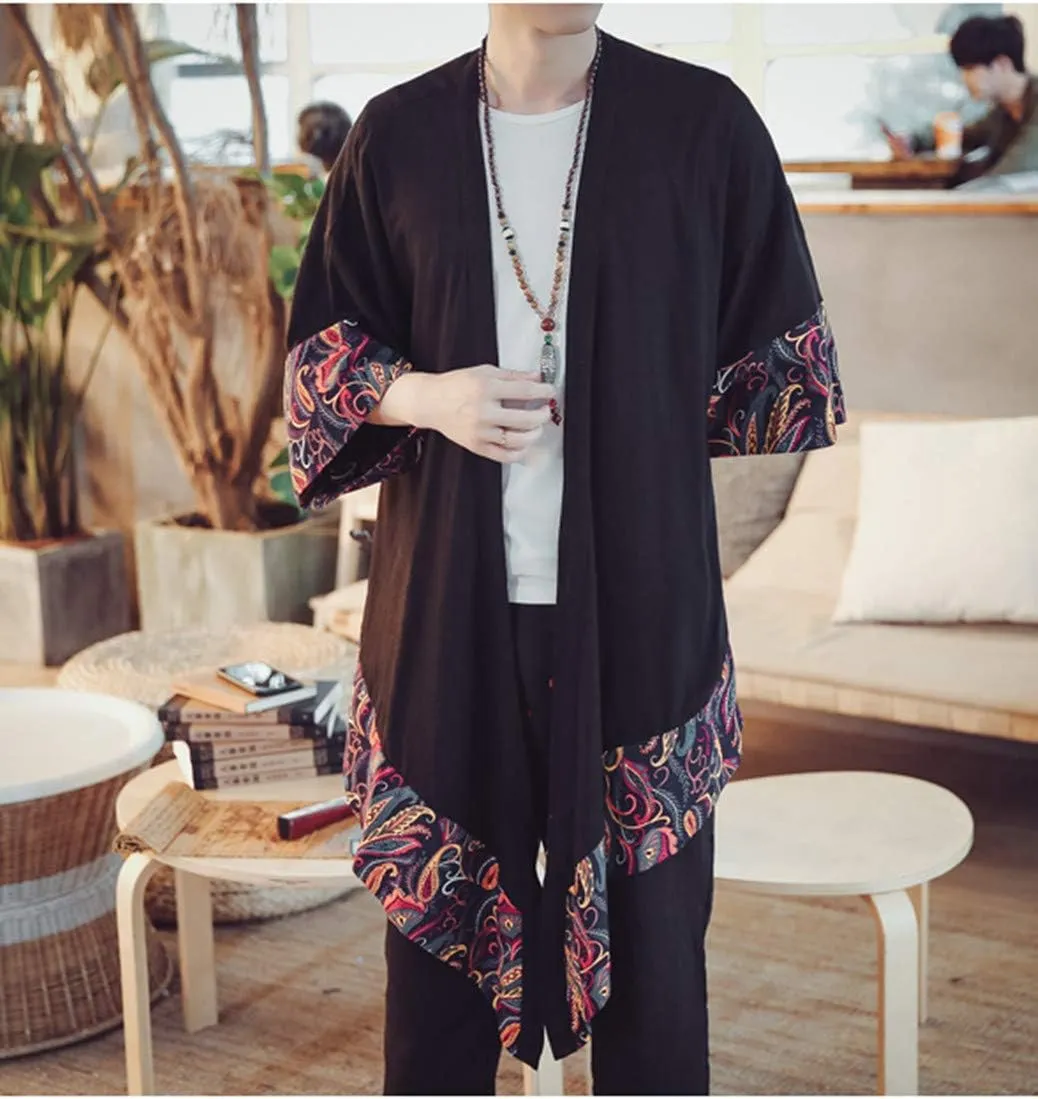 HZCX FASHION Men's Cotton Linen Long Kimono Jackets Open Front Cardigan Cloak