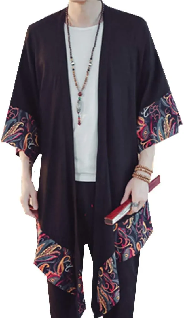 HZCX FASHION Men's Cotton Linen Long Kimono Jackets Open Front Cardigan Cloak