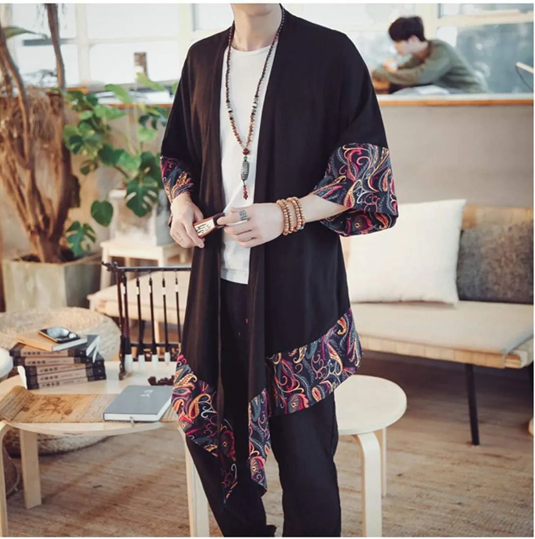 HZCX FASHION Men's Cotton Linen Long Kimono Jackets Open Front Cardigan Cloak
