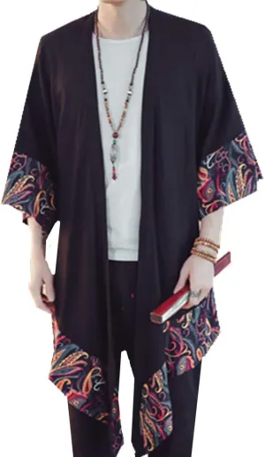 HZCX FASHION Men's Cotton Linen Long Kimono Jackets Open Front Cardigan Cloak