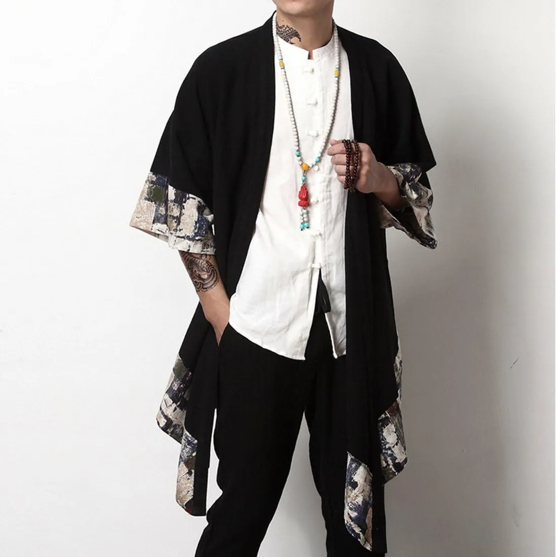 HZCX FASHION Men's Cotton Linen Long Kimono Jackets Open Front Cardigan Cloak