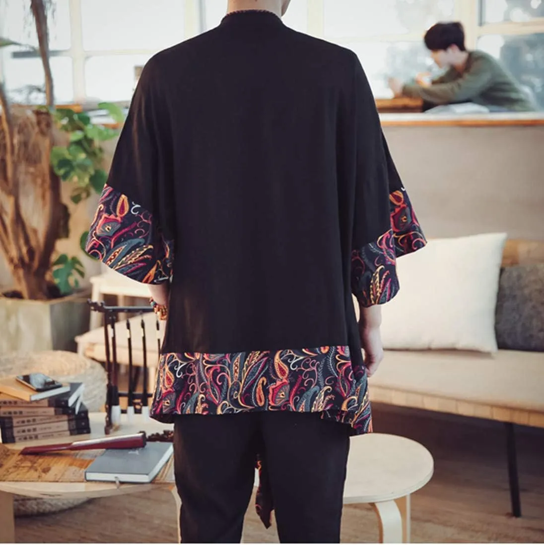 HZCX FASHION Men's Cotton Linen Long Kimono Jackets Open Front Cardigan Cloak