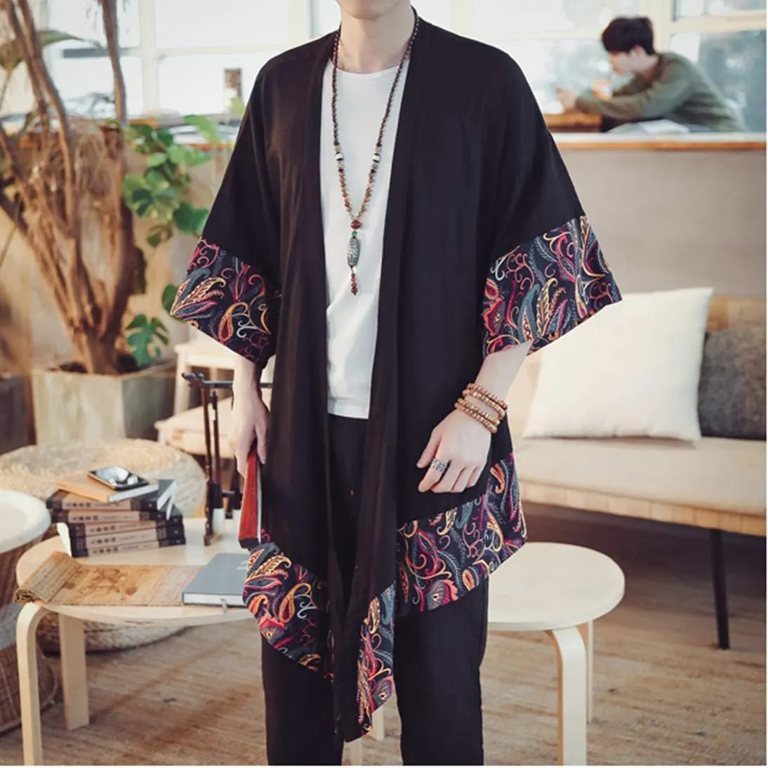 HZCX FASHION Men's Cotton Linen Long Kimono Jackets Open Front Cardigan Cloak