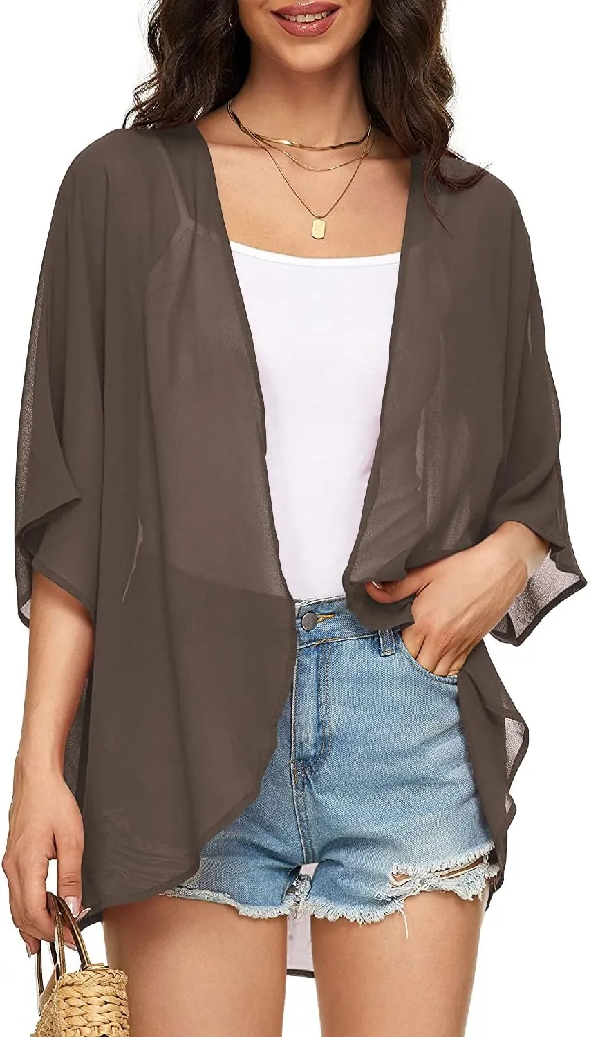 Indian Trendy Women's Solid Puff Sleeve Kimono Cardigan Loose Cover Up Casual Blouse Top Chiffon
