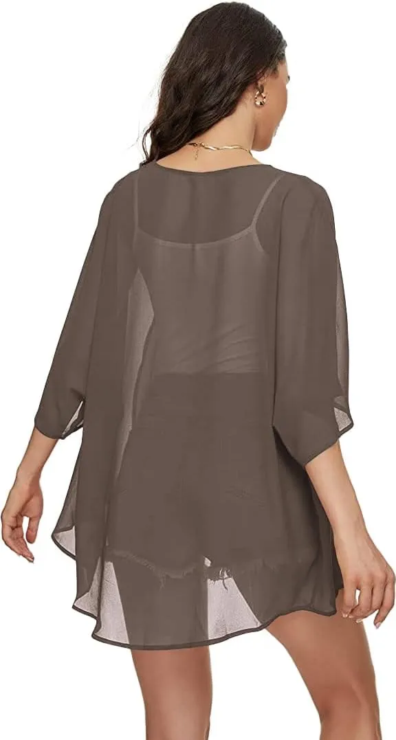 Indian Trendy Women's Solid Puff Sleeve Kimono Cardigan Loose Cover Up Casual Blouse Top Chiffon