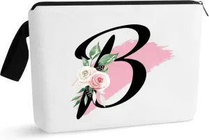 Initial Monogram Personalized Makeup Bag, Bride Bridesmaid Cosmetic Bag, Portable Cosmetic Bag Toiletry Bag Travel Bag Birthday Gifts for Women Girl, Personalized Cosmetic Bag for Women (B)