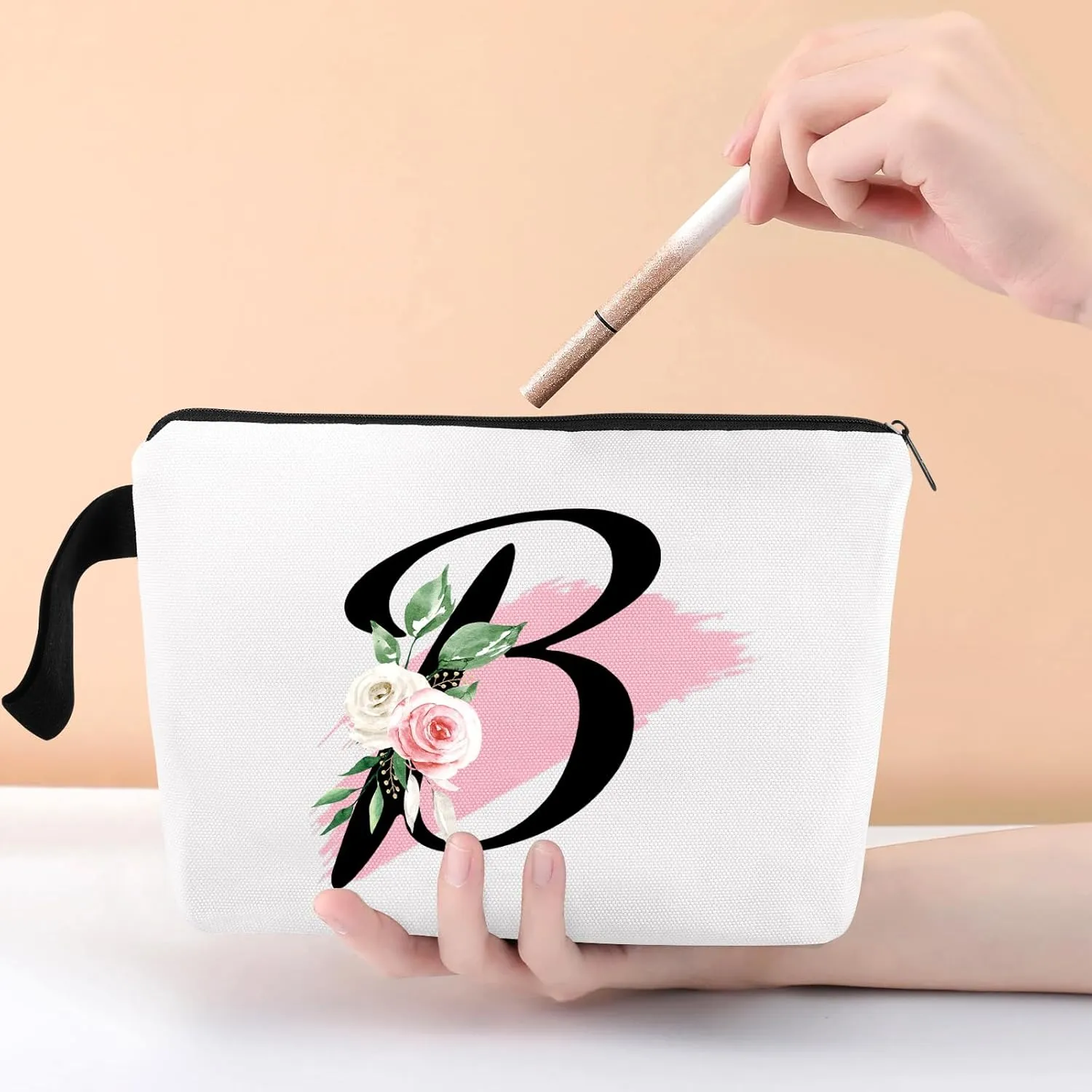Initial Monogram Personalized Makeup Bag, Bride Bridesmaid Cosmetic Bag, Portable Cosmetic Bag Toiletry Bag Travel Bag Birthday Gifts for Women Girl, Personalized Cosmetic Bag for Women (B)