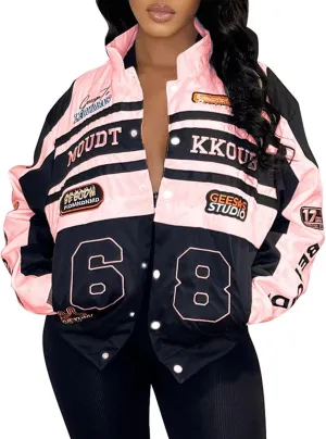 KANSOON Varsity Jacket Women Motorcycle Racer Detachable Letter Graphic Jackets Vintage Color Block Baseball Coat