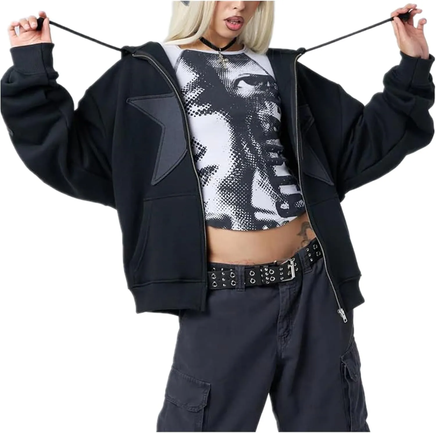 Karwuiio Women Y2k Zip Up Hoodies Star Graphic Long Sleeve Jackets Hip Hop Harajuku Oversized Hooded Sweatshirt