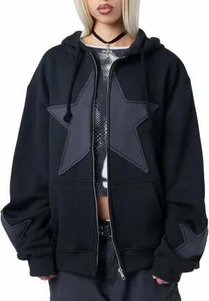 Karwuiio Women Y2k Zip Up Hoodies Star Graphic Long Sleeve Jackets Hip Hop Harajuku Oversized Hooded Sweatshirt