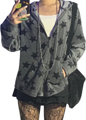 Karwuiio Women Y2k Zip Up Hoodies Star Graphic Long Sleeve Jackets Hip Hop Harajuku Oversized Hooded Sweatshirt