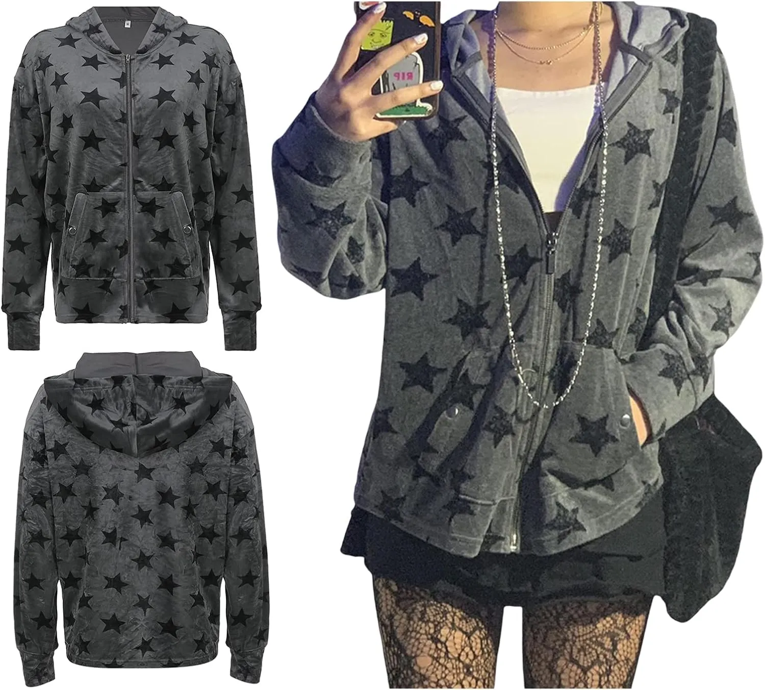 Karwuiio Women Y2k Zip Up Hoodies Star Graphic Long Sleeve Jackets Hip Hop Harajuku Oversized Hooded Sweatshirt