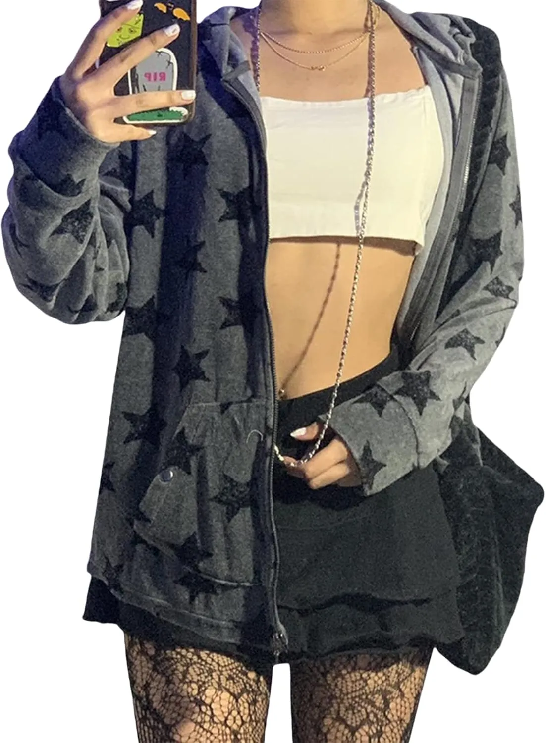 Karwuiio Women Y2k Zip Up Hoodies Star Graphic Long Sleeve Jackets Hip Hop Harajuku Oversized Hooded Sweatshirt