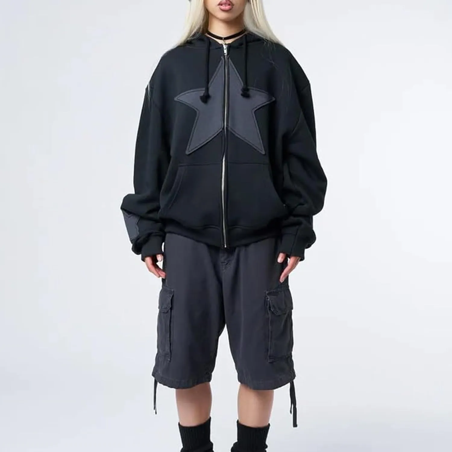 Karwuiio Women Y2k Zip Up Hoodies Star Graphic Long Sleeve Jackets Hip Hop Harajuku Oversized Hooded Sweatshirt