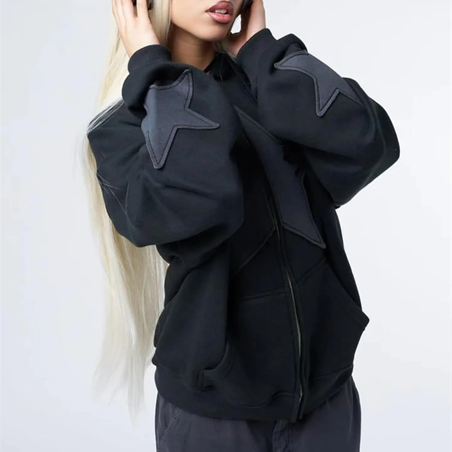 Karwuiio Women Y2k Zip Up Hoodies Star Graphic Long Sleeve Jackets Hip Hop Harajuku Oversized Hooded Sweatshirt