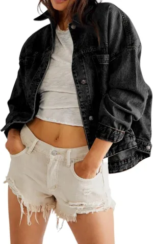 KevaMolly Womens Denim Jacket Long Sleeve Washed Oversize Pocketed Denim Jacket Pocket Casual Daily Coat