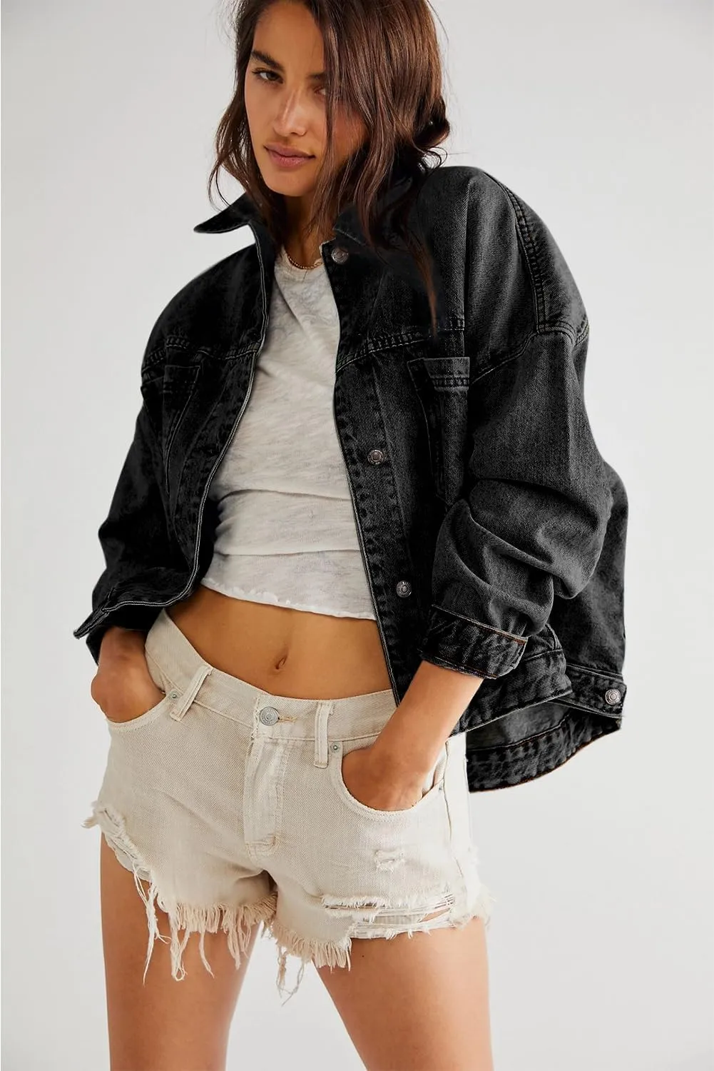 KevaMolly Womens Denim Jacket Long Sleeve Washed Oversize Pocketed Denim Jacket Pocket Casual Daily Coat