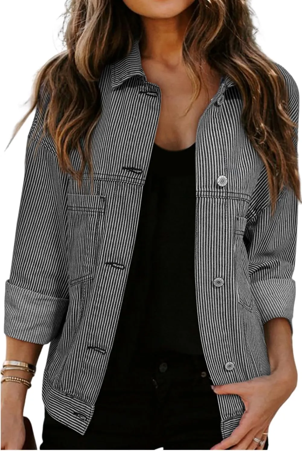 KevaMolly Womens Denim Jacket Long Sleeve Washed Oversize Pocketed Denim Jacket Pocket Casual Daily Coat